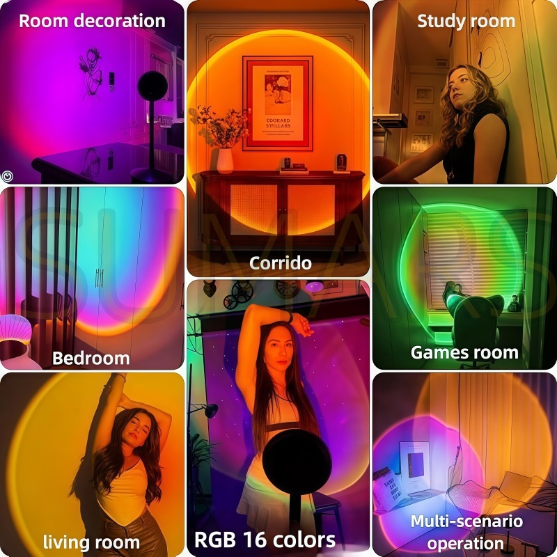 Lâmpada Pôr do Sol com Controle Remoto Luz Noturna USB 16 Cores Ajustáveis para Decoração de Quarto