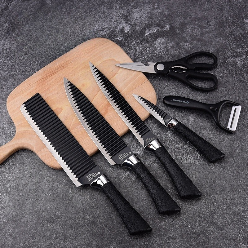 Kit 6 Peças Conjunto de Faca Carne Cutelo Legumes Aço Carbono Descascador Tesoura Profissional
